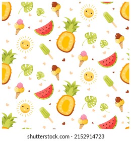 Patrón sin foco con fruta y helado. Patrón veraniego. Luminoso fondo de verano. Ilustración del vector