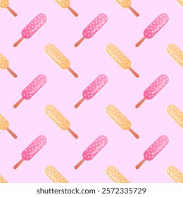 Seamless pattern with fruit ice. Ice cream on a stick. Eskimo with sprinkles. Flat background design. Repeating print for fabric, wrapping paper, textile, wallpaper