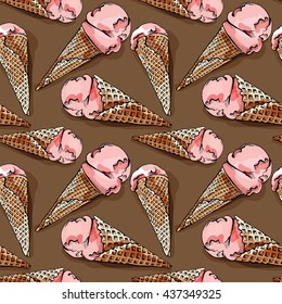 Seamless pattern with a Fruit Ice Cream cone on brown background. Vector illustration.