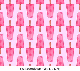 Seamless pattern with fruit ice. Pink ice cream on a stick. Flat background design. Repeating print for fabric, wrapping paper, textile, wallpaper