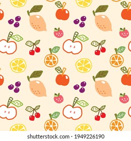 Seamless Pattern with Fruit Illustration Design on Light Yellow Background