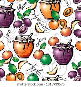Seamless pattern with fruit jam jars. Apples, apricots, plums. Vector graphics.
