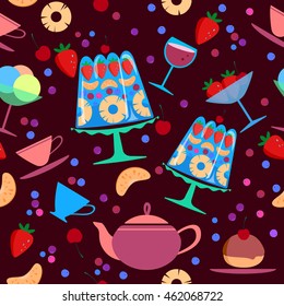 Seamless pattern with fruit jelly, teapot, cups, cupcake, ice cream, strawberry, pineapple, wineglass. Vector illustration.