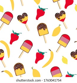 Seamless pattern with fruit juicy ice cream. Frozen yogurt,chocolate glaze. Popsicles on a stick.Summer dessert,strawberry,banana split. Ice lolly.Vector illustration for cafe menu,notebooks,textiles