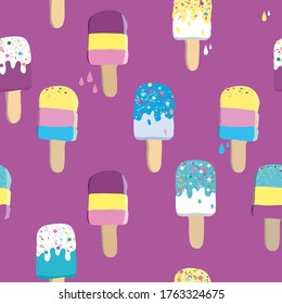 Seamless pattern with fruit juicy ice cream. Frozen yogurt.Popsicles on a stick with different toppings and flavor. Melted summer dessert. Vector illustration for cafe menu,notebooks,cards,textiles.