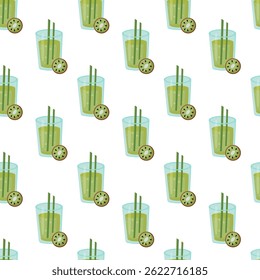 Seamless Pattern with Fruit Kiwi cocktail in glass with straw. Fresh summer drink. Vector illustration.