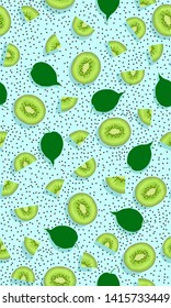 Pieza kiwi de fruta sin inconvenientes con semilla y hojas sobre fondo azul, ilustración vectorial