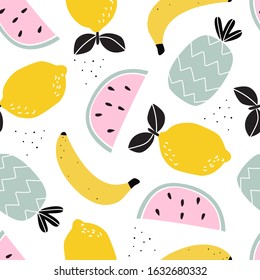 Seamless pattern with fruit lemon, pineapple, watermelon and banana on a white background. Vector illustration for printing on fabric, tableware, packaging paper, postcard, Wallpaper. 