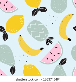 Seamless pattern with fruit lemon, pineapple, watermelon and banana on a blue background. Vector illustration for printing on fabric, tableware, packaging paper, postcard, banners. 