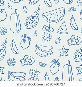 Padrão contínuo de frutas. Linhagem, tinta, estilo minimalista. Ilustração vetorial. Coleção de verão.