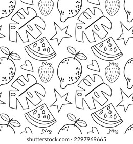 Seamless pattern fruit line organic, healthy and vegan food packaging Fresh healthy organic food vector doodle hand drawn illustration. EPS