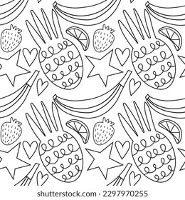 Seamless pattern fruit line organic, healthy and vegan food packaging Fresh healthy organic food vector doodle hand drawn illustration. EPS