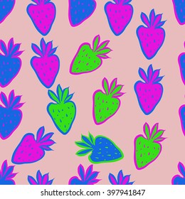 Seamless pattern of fruit motif,strawberry,leaves, object, spots. Hand drawn.