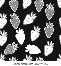 Seamless pattern of fruit motif,strawberry,leaves, object, spots. Hand drawn.