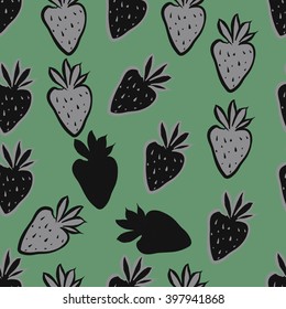 Seamless pattern of fruit motif,strawberry,leaves, object, spots. Hand drawn.
