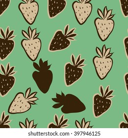 Seamless pattern of fruit motif,strawberry,leaves, object, spots. Hand drawn.