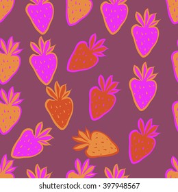 Seamless pattern of fruit motif,strawberry,leaves, object, spots. Hand drawn.