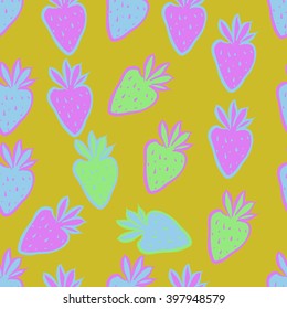Seamless pattern of fruit motif,strawberry,leaves, object, spots. Hand drawn.
