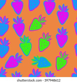 Seamless pattern of fruit motif,strawberry,leaves, object, spots. Hand drawn.