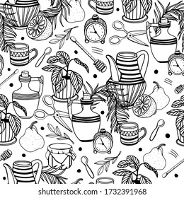 Patrón sin foco con fruta, taza, jarra, miel, despertador, tijeras, cuchara, planta doméstica, palo de madera. Patrón con elementos aislados en un fondo blanco. Ilustración vectorial en estilo Doodle