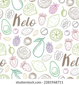 Seamless pattern with fruit and nut for the keto diet.  Low carb food for ketogenic diet. Hand drawn vector doodle illustrations.