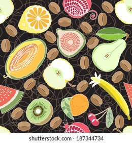 seamless pattern fruit on a black background with ornament.vector illustration