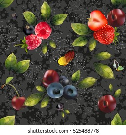 Seamless pattern of fruit on a black background abstract.