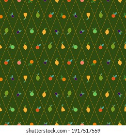 Seamless pattern with fruit on a grassy green background in diamonds.