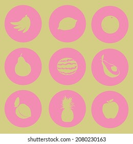 Seamless pattern of fruit on a yellow background. Contour of fruit. Yellow-pink background. Bananas, pineapple, apple, orange, avocado, watermelon, pear, lemon. Print. Clipart. Icon