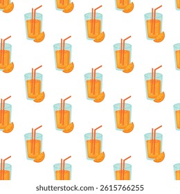 Seamless Pattern with Fruit Orange cocktail in glass with straw. Fresh summer drink. Vector illustration.