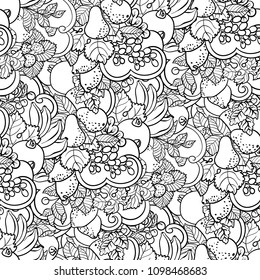 Seamless pattern with fruit ornament in coloring page book style with  abstract curls in vector graphic illustation