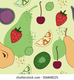 Seamless pattern with fruit. Pear, gooseberry, strawberry, cherry, fig, kiwi, orange, lemon.