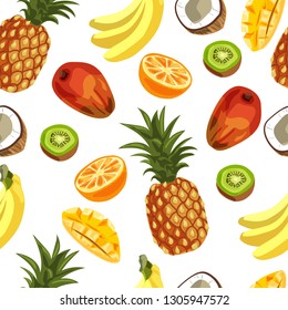 Seamless pattern fruit, pineapple, banana, kiwi, mango, orange, coconut. Vector illustration