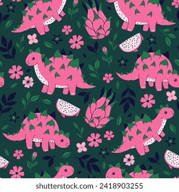 Seamless pattern with fruit pitahaya dinosaurs. Vector graphics.