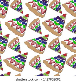 Seamless pattern of fruit pizza on a white background. Vector graphics.