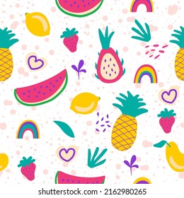 Seamless pattern with fruit and plants on creative background - vector illustration. Lemon, watermelon, pineapple, strawberry, mango, dragon fruit, pitaya.