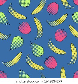 Seamless pattern with fruit in pop art style. Bright bananas, apples and pears create a summer mood. Can be used for printing, textiles, backgrounds, and other purposes.