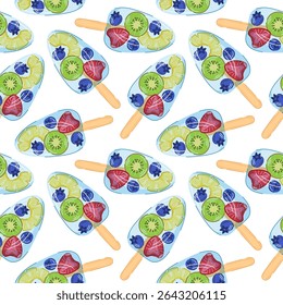 Seamless pattern of fruit popsicle with slices of kiwi, pineapple, strawberry and blueberry in cartoon style on white background. Ideal for summer food and dessert themed design.