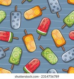 Seamless Pattern Of Fruit Popsicle, Summer Ice Cream. Cartoon Illustration