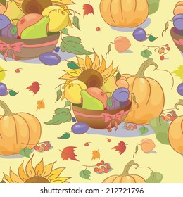 Seamless pattern fruit pumpkin sunflower berry leaves. Illustration of autumn harvest. Vector