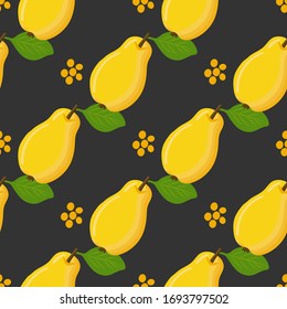 Seamless pattern with fruit of quince on black background. Wallpaper, print, wrapping paper, promotional material, banner, poster, modern textile design. Vector flat illustration.