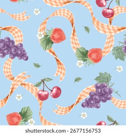 Seamless pattern of fruit and ribbons vintage style. The EPS file is vector and can be edited layout and background color.