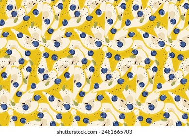 Seamless pattern with Fruit salad. Sliced Pears with Blueberry and pumpkin seeds. Repeated Delicious salad background for menu cafe, cooking class, recipe, wallpaper, textile, wrapper