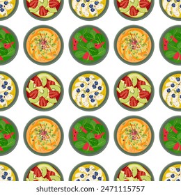 Nahtloses Muster mit Obstsalaten. Schüsseln mit Obstsalaten. Teller auf Teller, Draufsicht. Leckerer Salat isoliert auf weißem Hintergrund. Wiederholtes Design für Menücafé, Bildschirmhintergrund, Textil