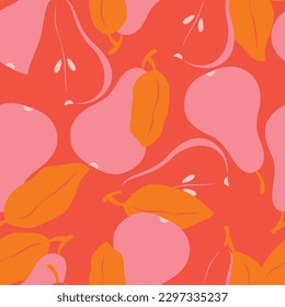 Seamless pattern with fruit shapes. Pears in vibrant pink and red. Colorful vector illustration.