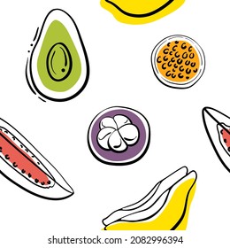 Patrón inmaculado con rodajas de fruta en una colorida línea negra de estilo esquemático aislado en el fondo blanco. Ilustración vectorial dibujada a mano de Doodle