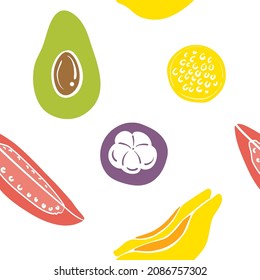 Seamless pattern with fruit slices. Colorful paper cut collection of fruits and berries isolated on white background. Doodle hand drawn vector illustration