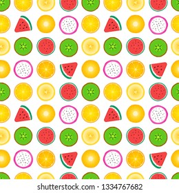 Seamless pattern of fruit slices. Vector illustration isolated on white background. Surface texture design with watermelon, kiwi, pineapple, orange, banana