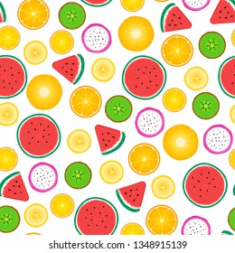 Seamless pattern of fruit slices. Vector isolated on white background. Surface design with watermelon, kiwi, pineapple, orange, banana