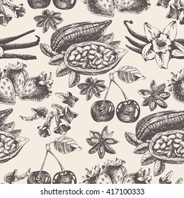 Seamless pattern with fruit and spices in vintage style. Vector background with vanilla, cherry, strawberry, cocoa and anise for scrapbook, poster, postcard. 
